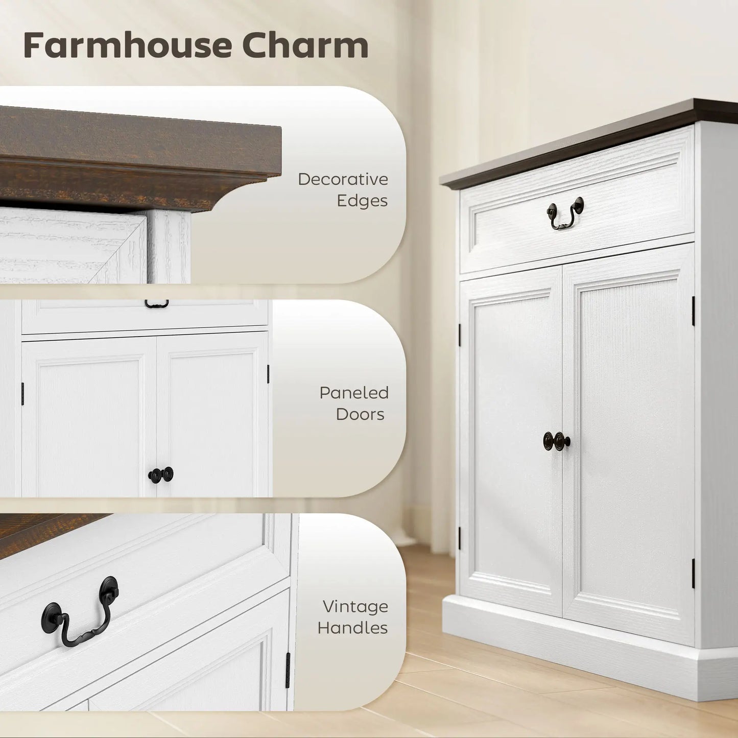 32" Buffet Cabinet, White Wood Grain, Farmhouse Sideboard, White Bar Cabinets at Gallery Canada