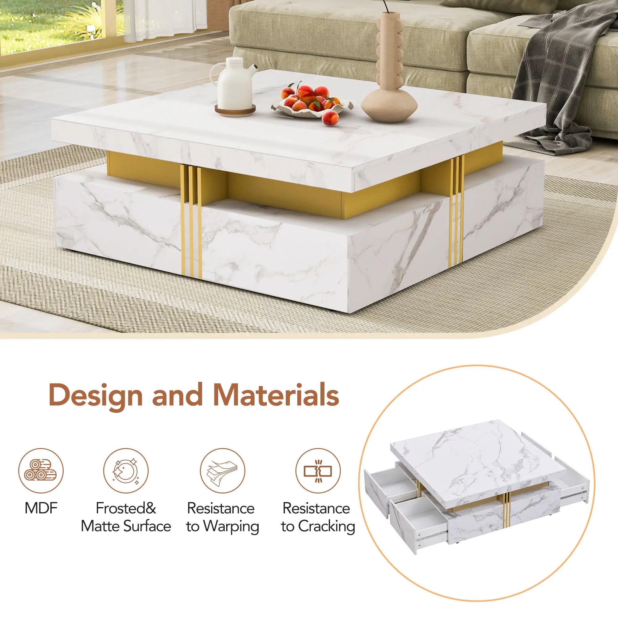 Square Storage Coffee Table, 4 Drawers, MDF, 33.5