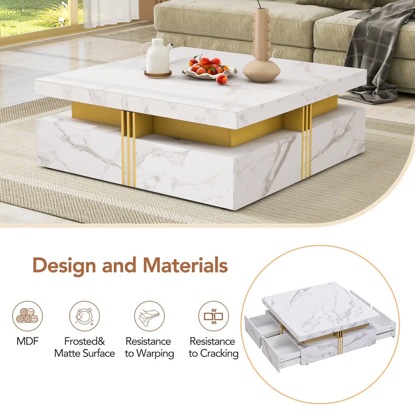 Square Storage Coffee Table, 4 Drawers, MDF, 33.5" L x 33.5" W x 16.5" H, White Coffee Tables at Gallery Canada