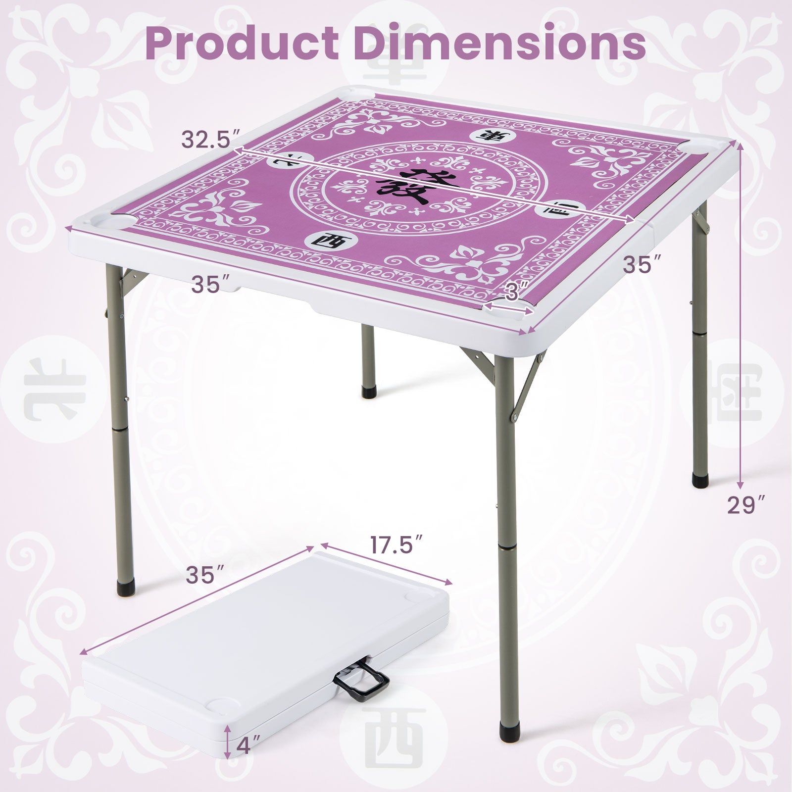 35 Inch 4 Player Folding Mahjong Table With Cup Holders, Pink Game Room at Gallery Canada