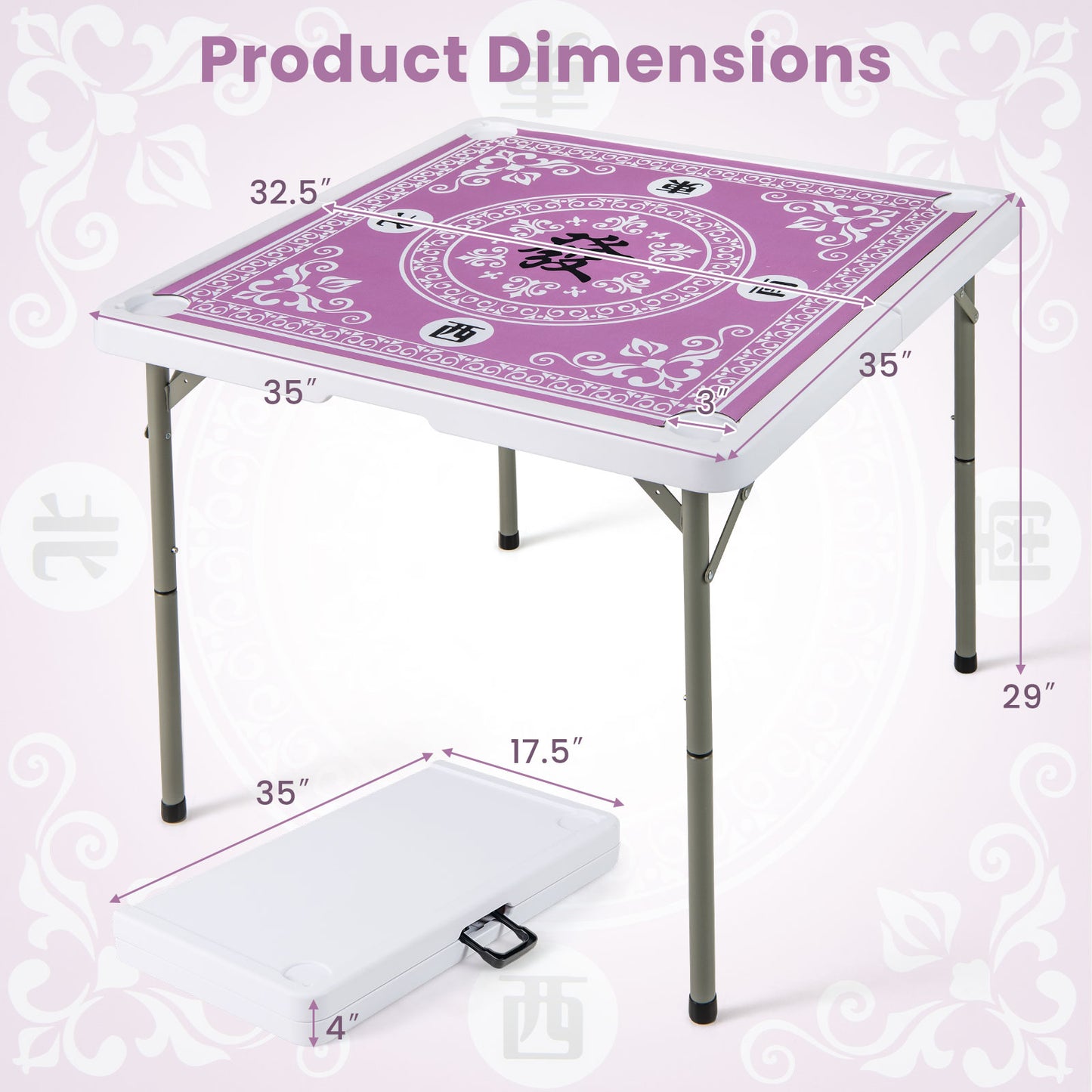 35 Inch 4 Player Folding Mahjong Table With Cup Holders, Pink Game Room at Gallery Canada