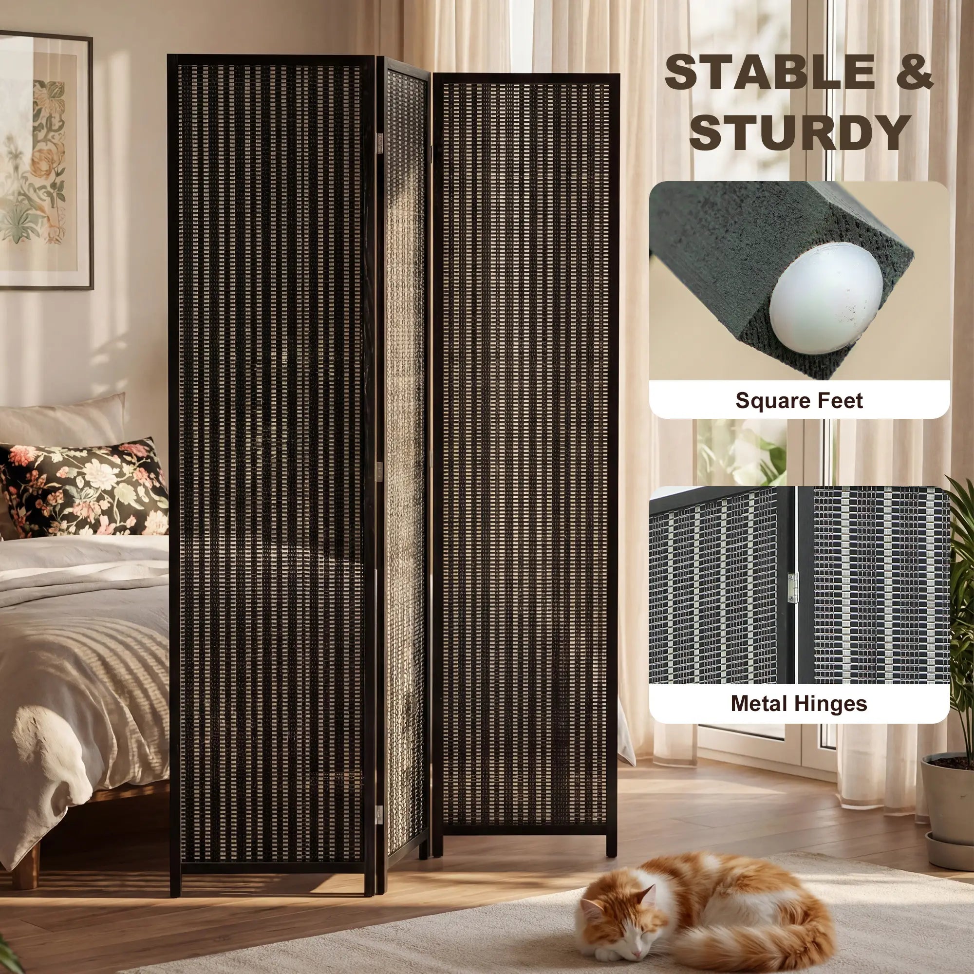 3 Panel Folding Privacy Screen, Handwoven Bamboo Pine Wood Frame, Black Room Dividers at Gallery Canada