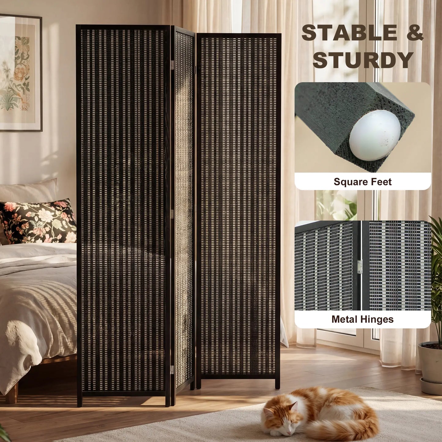 3 Panel Folding Privacy Screen, Handwoven Bamboo Pine Wood Frame, Black Room Dividers at Gallery Canada