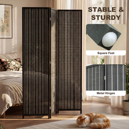 3 Panel Folding Privacy Screen, Handwoven Bamboo Pine Wood Frame, Black Room Dividers at Gallery Canada