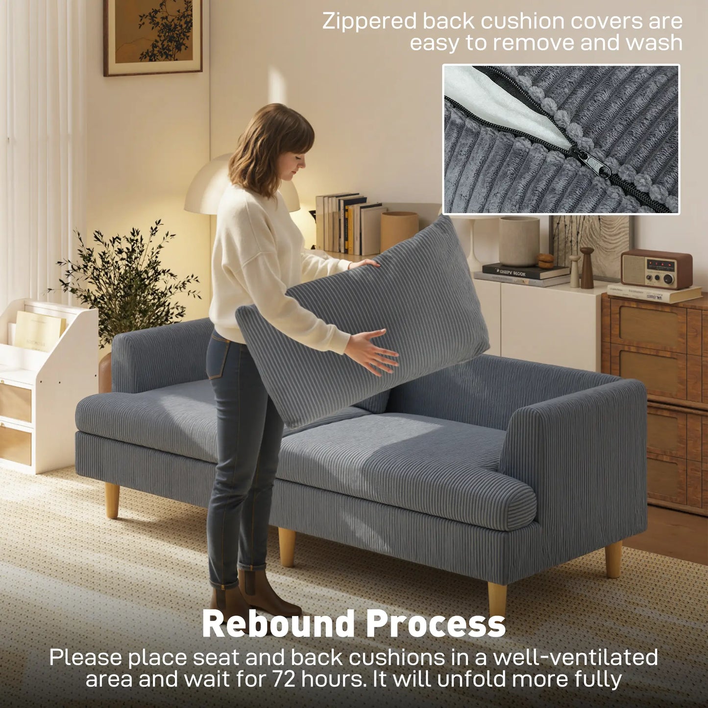 3 Seater Sofa, 74" Corduroy Couch, Solid Wood Legs, Dark Grey 3-Seater Sofas at Gallery Canada