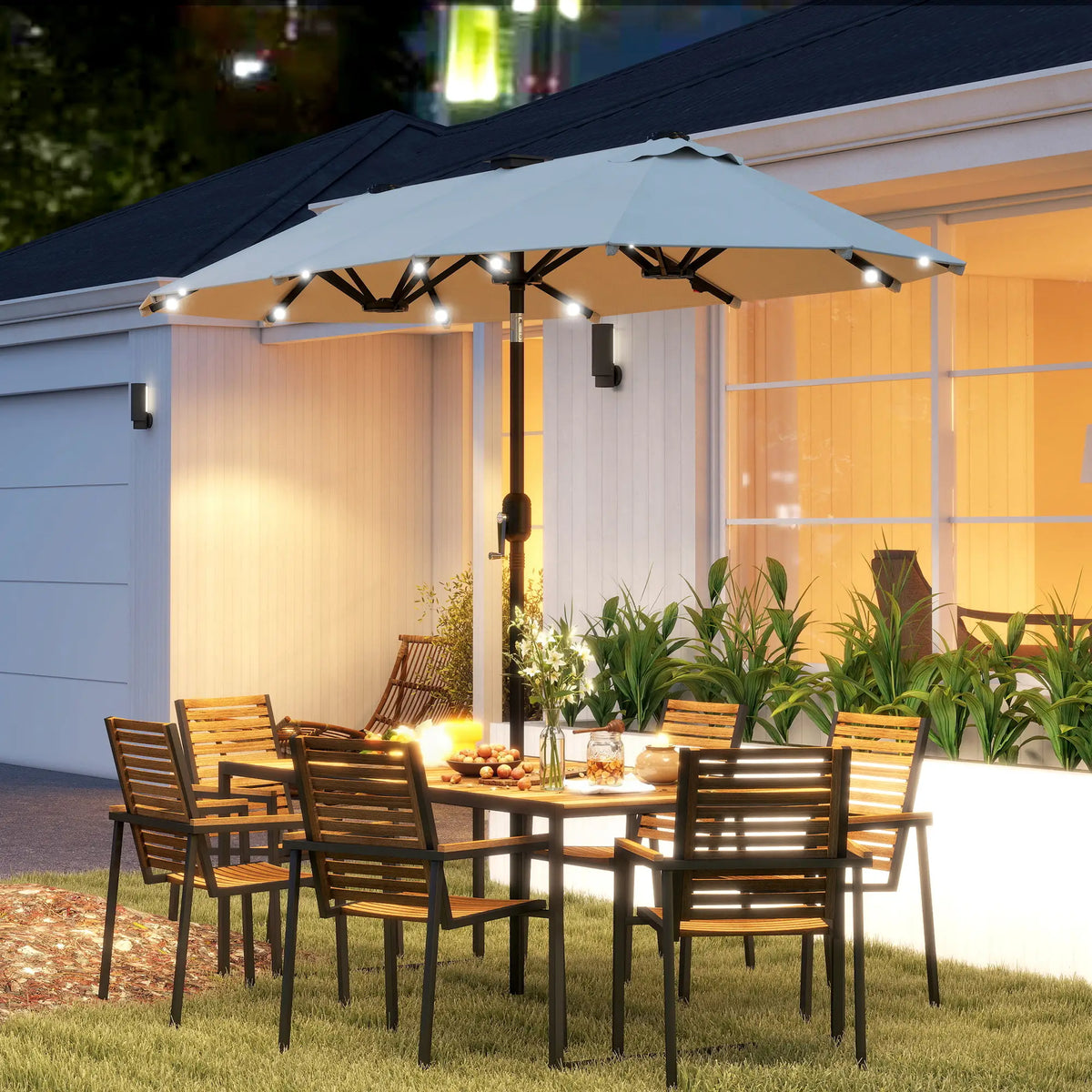 10ft Double-Sided Patio Umbrella, 35 LED Lights, 12 Ribs, Beige Double-sided Umbrellas at Gallery Canada