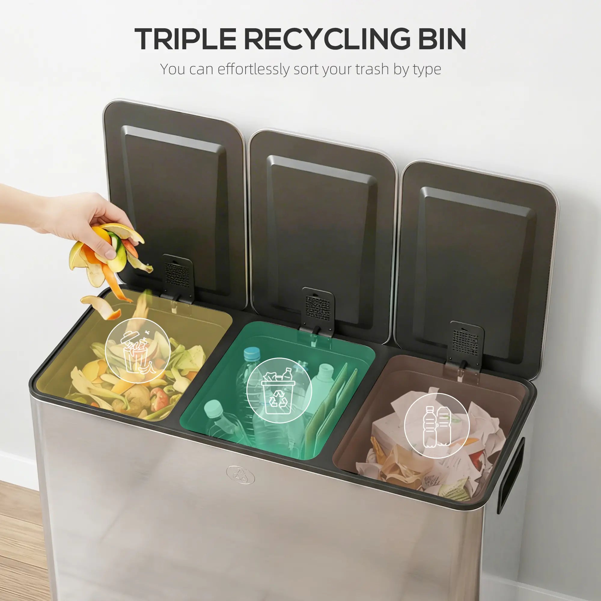 Triple Garbage Bin, Soft Close Trash Can, 3 x 20 Liter, Silver Household Supplies at Gallery Canada