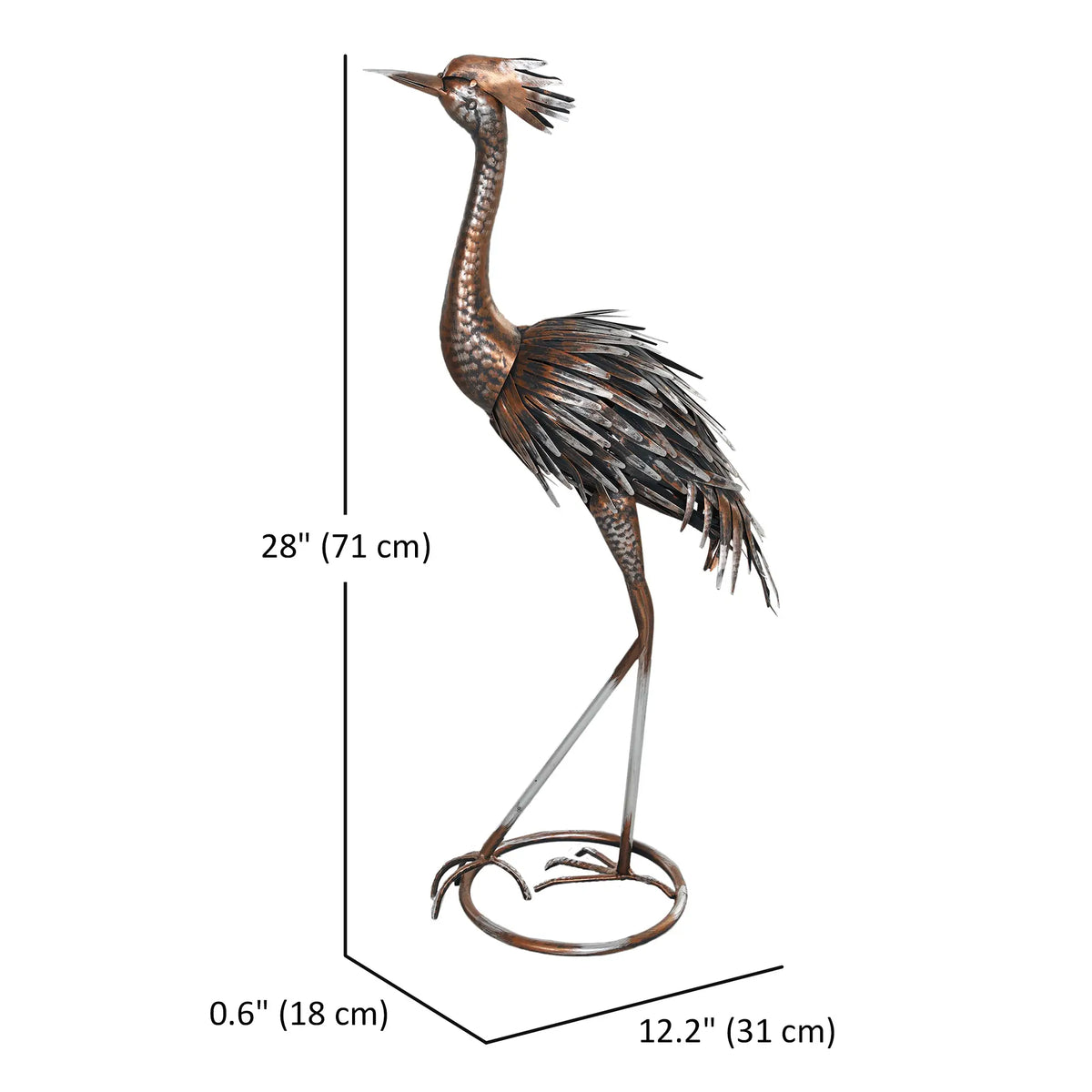 Garden Statue, Heron Standing Sculpture, 12.2"W x 7.1"D x 28"H, Silver Tone Garden Decor at Gallery Canada