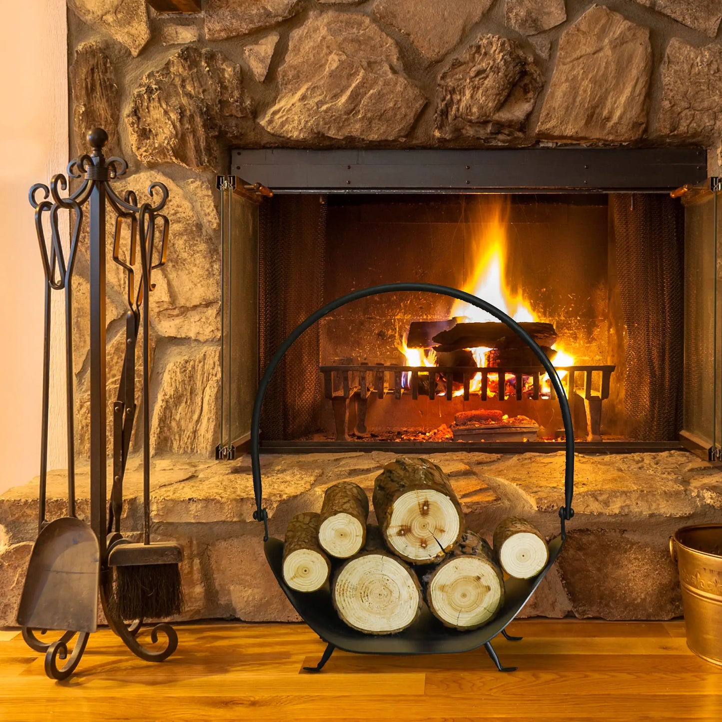 16" Firewood Log Rack, Curved Fireplace Holder, Black Firewood Racks at Gallery Canada