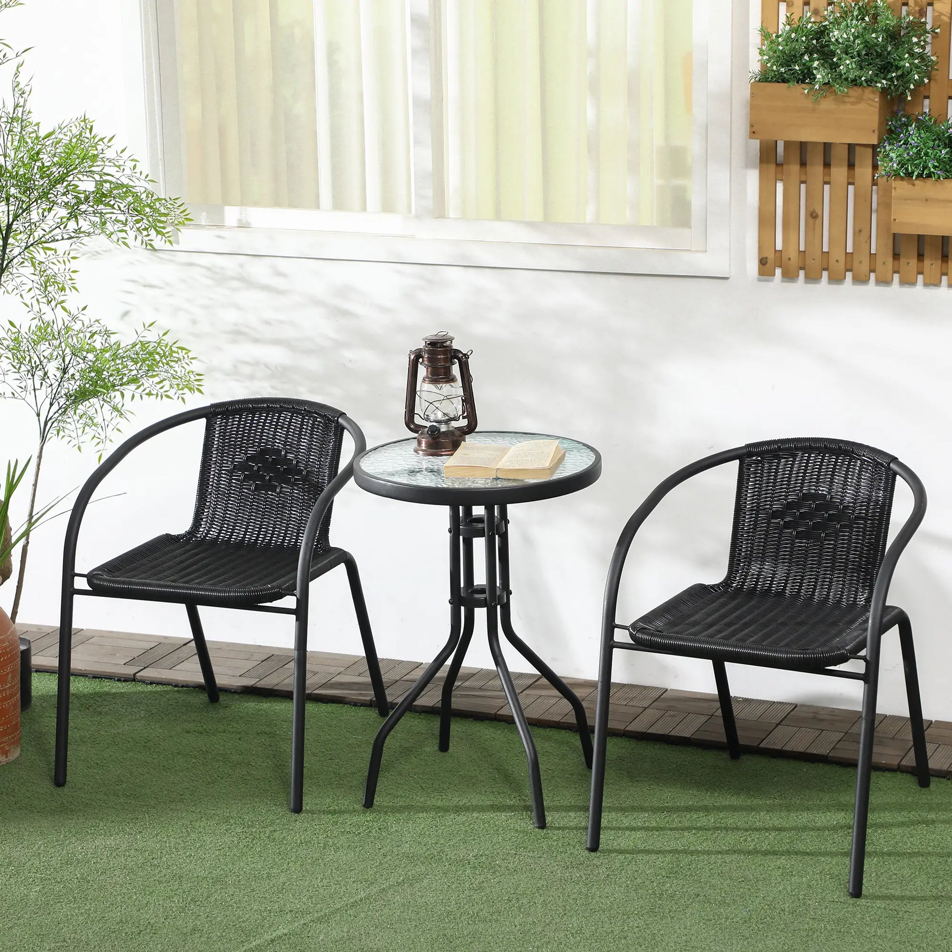 3-Piece Outdoor Wicker Set, 2 Stackable Chairs, Glass Table, Black Bistro Sets at Gallery Canada