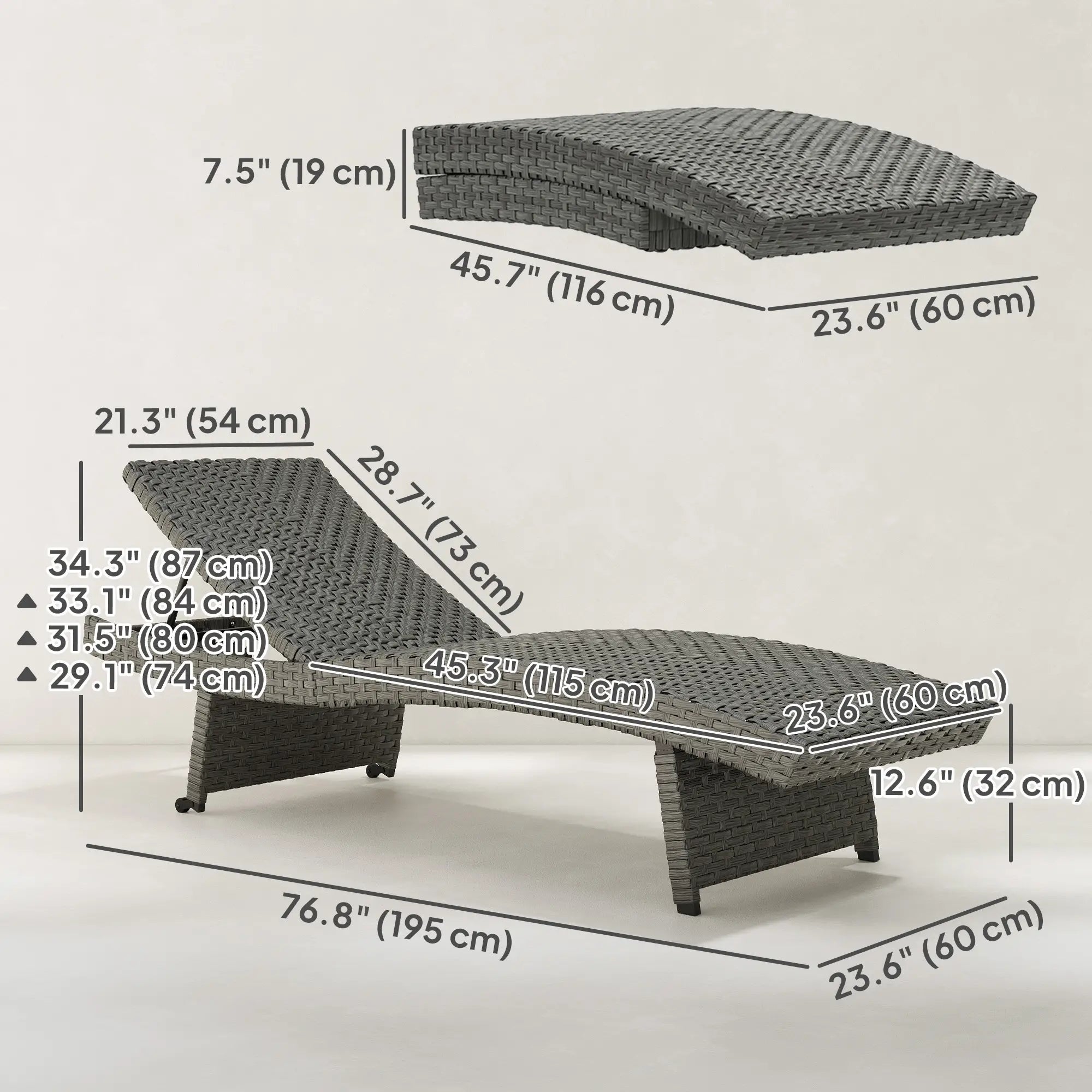 Folding Wicker Outdoor Chaise Lounge, 4-Level Adjustable Backrest, Grey Wicker Chaise Loungers at Gallery Canada