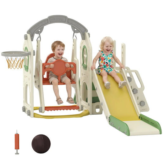5-In-1 Toddler Slide And Swing Set With Adjustable Seat, Cream Gym Sets & Swings Creamy White, Green, Light Grey, Yellow, Orange at Gallery Canada
