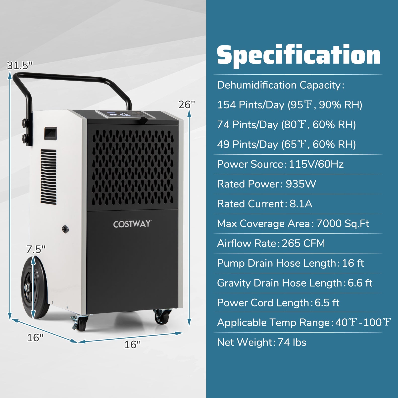 154 Pints Commercial Dehumidifier with Pump and Drain Hoses, White Dehumidifiers at Gallery Canada