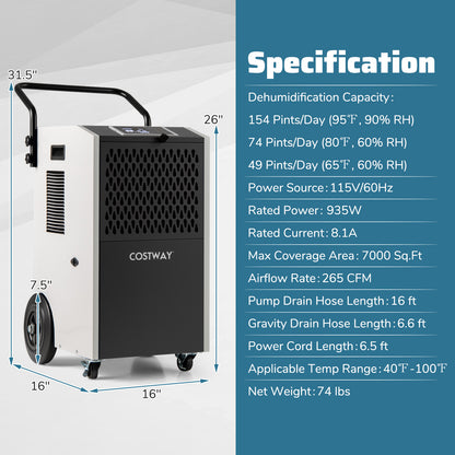 154 Pints Commercial Dehumidifier with Pump and Drain Hoses, White Dehumidifiers at Gallery Canada