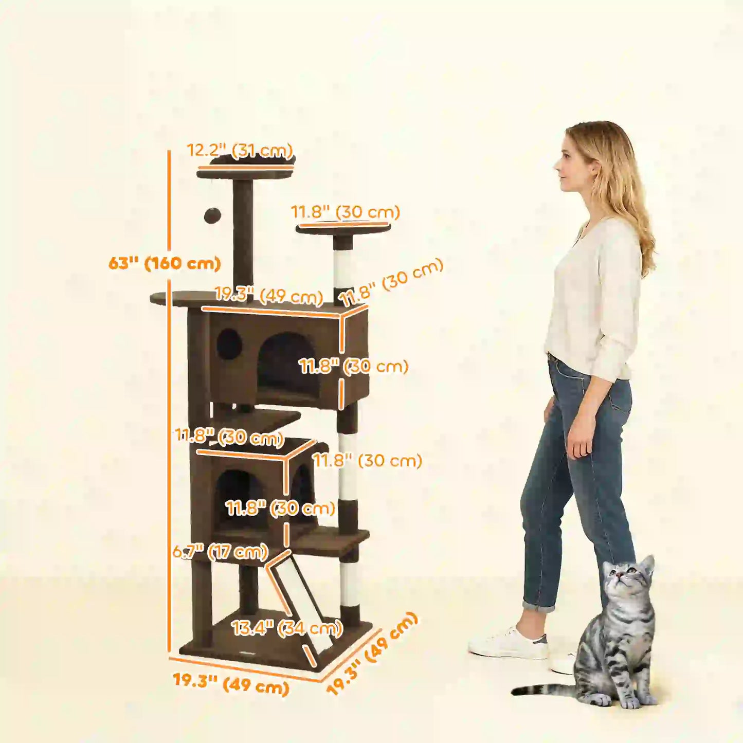 63" Cat Tree, Multi-Level Tower With Scratching Posts, Light Brown