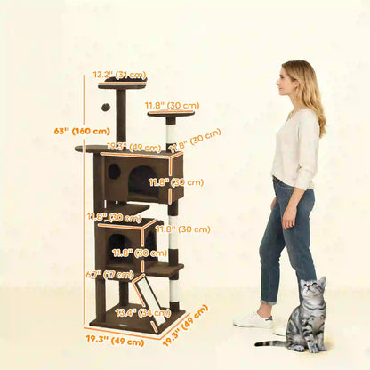 63" Cat Tree, Multi-Level Tower With Scratching Posts, Light Brown