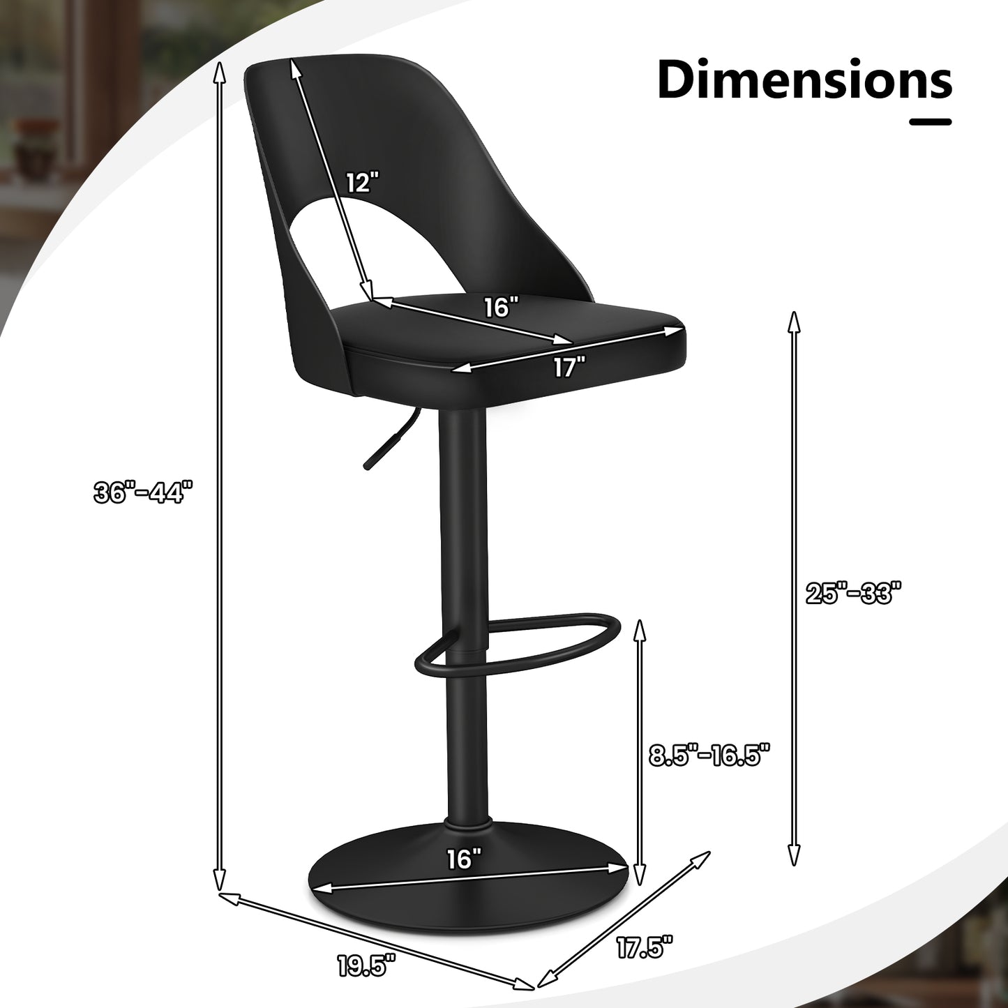 Bar Stools Set of 2 with Enlarged PU Leather Seat and Footrest, Black Bar Stools at Gallery Canada