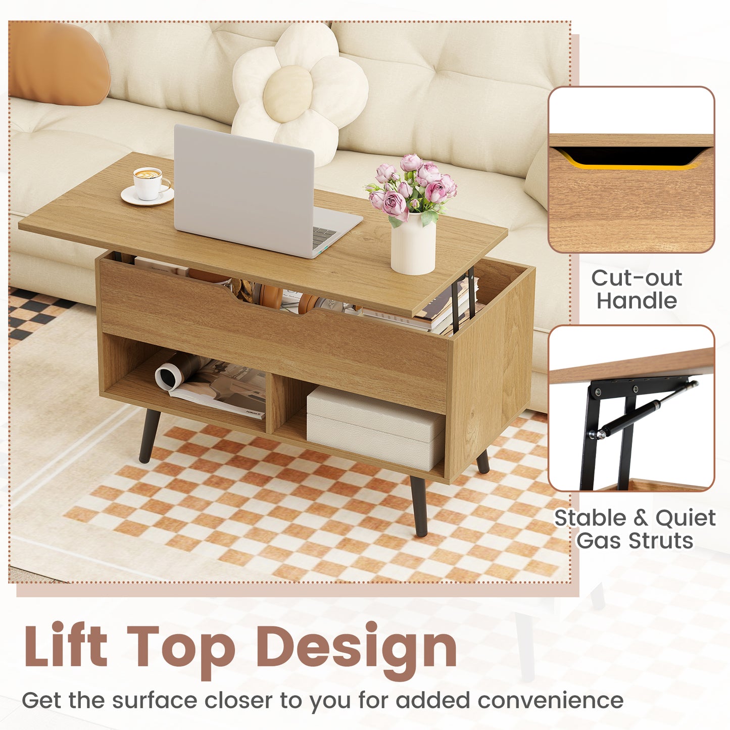 31.5 Inch Lift-Top Coffee Table with Hidden Storage and 2 Open Shelves, Natural Living Room at Gallery Canada