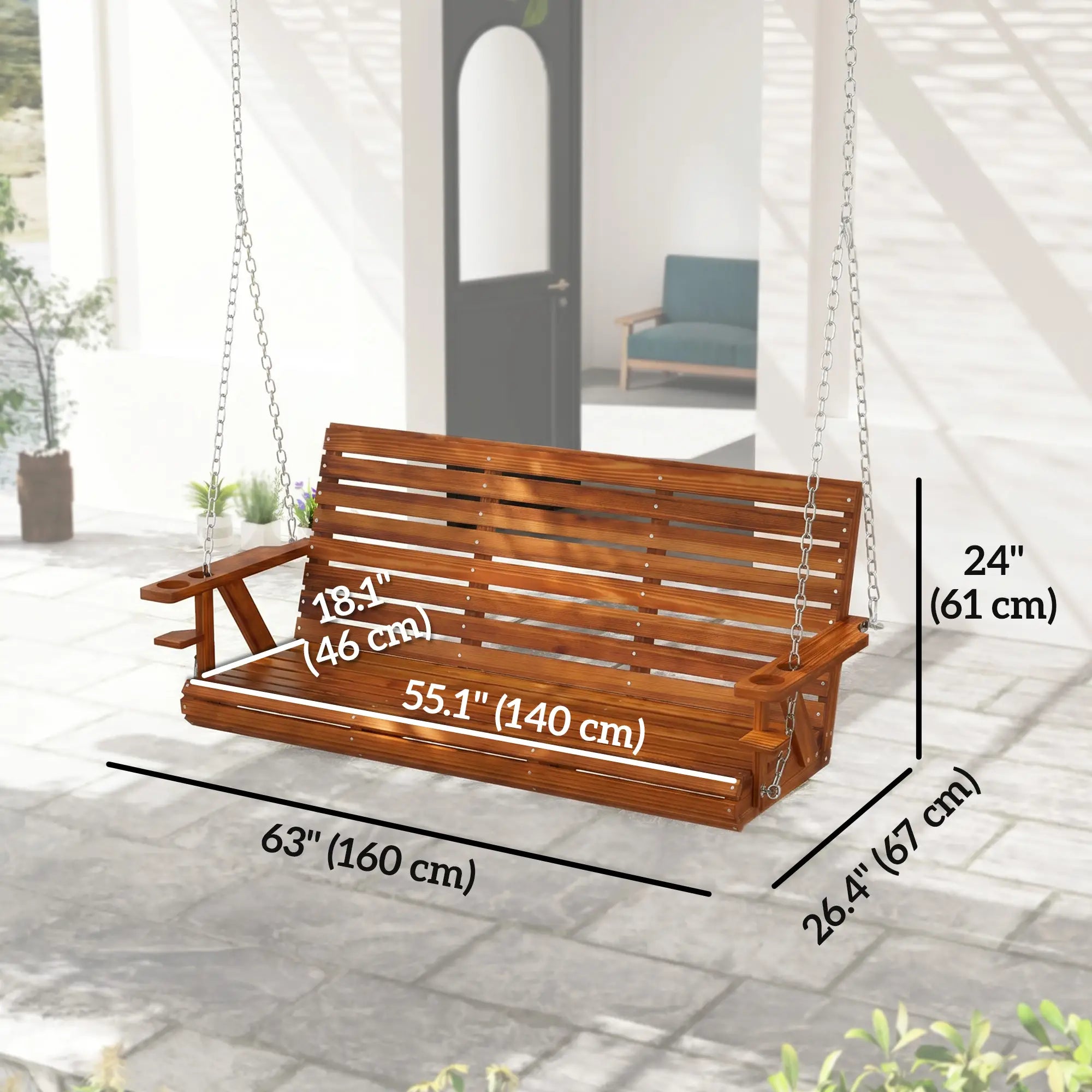 Carbonized Wooden 3-Seater Swing Bench with Cupholders Hanging Porch Swings at Gallery Canada