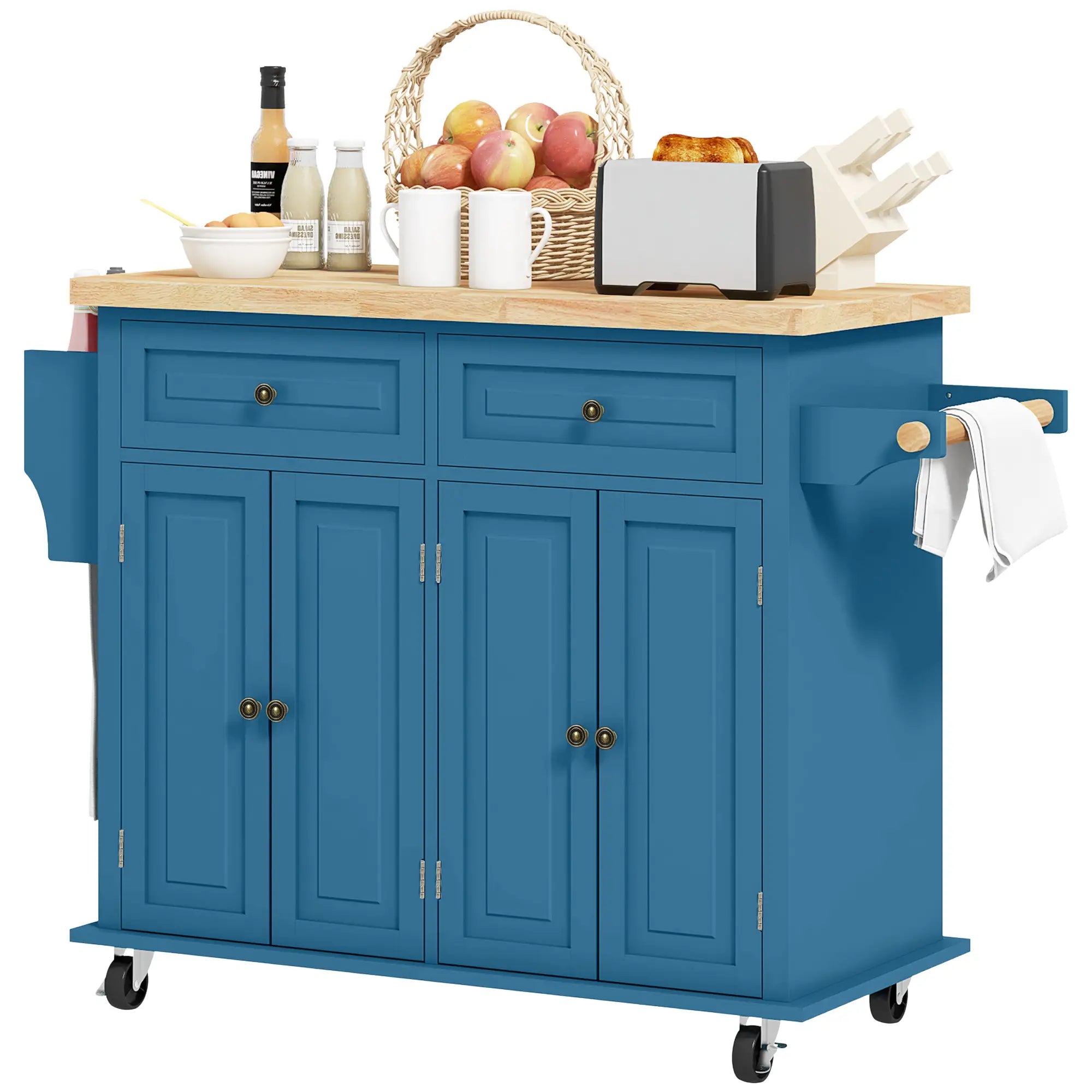 Kitchen Island with Storage, Rolling Cart, Rubber Wood Top, Blue Kitchen Islands & Kitchen Carts Blue at Gallery Canada