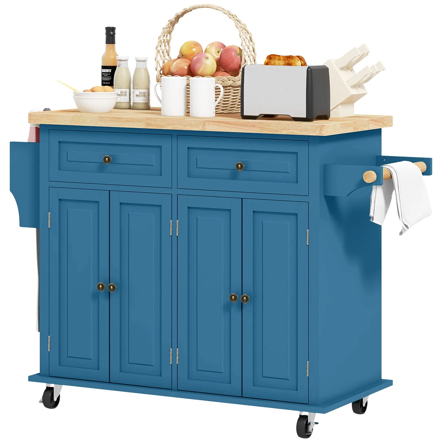 Kitchen Island with Storage, Rolling Cart, Rubber Wood Top, Blue Kitchen Islands & Kitchen Carts Blue at Gallery Canada