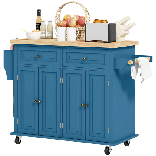 Kitchen Island with Storage, Rolling Cart, Rubber Wood Top, Blue Kitchen Islands & Kitchen Carts Blue at Gallery Canada