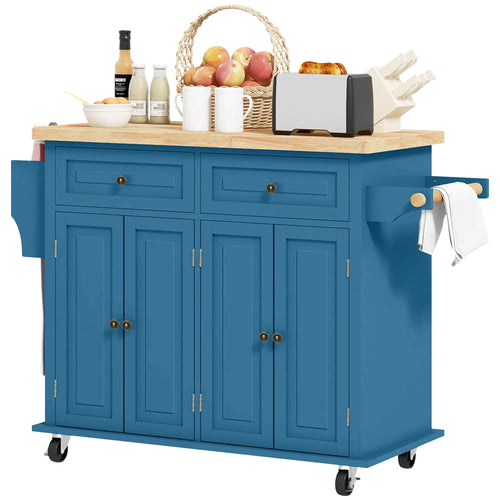 Kitchen Island with Storage, Rolling Cart, Rubber Wood Top, Blue