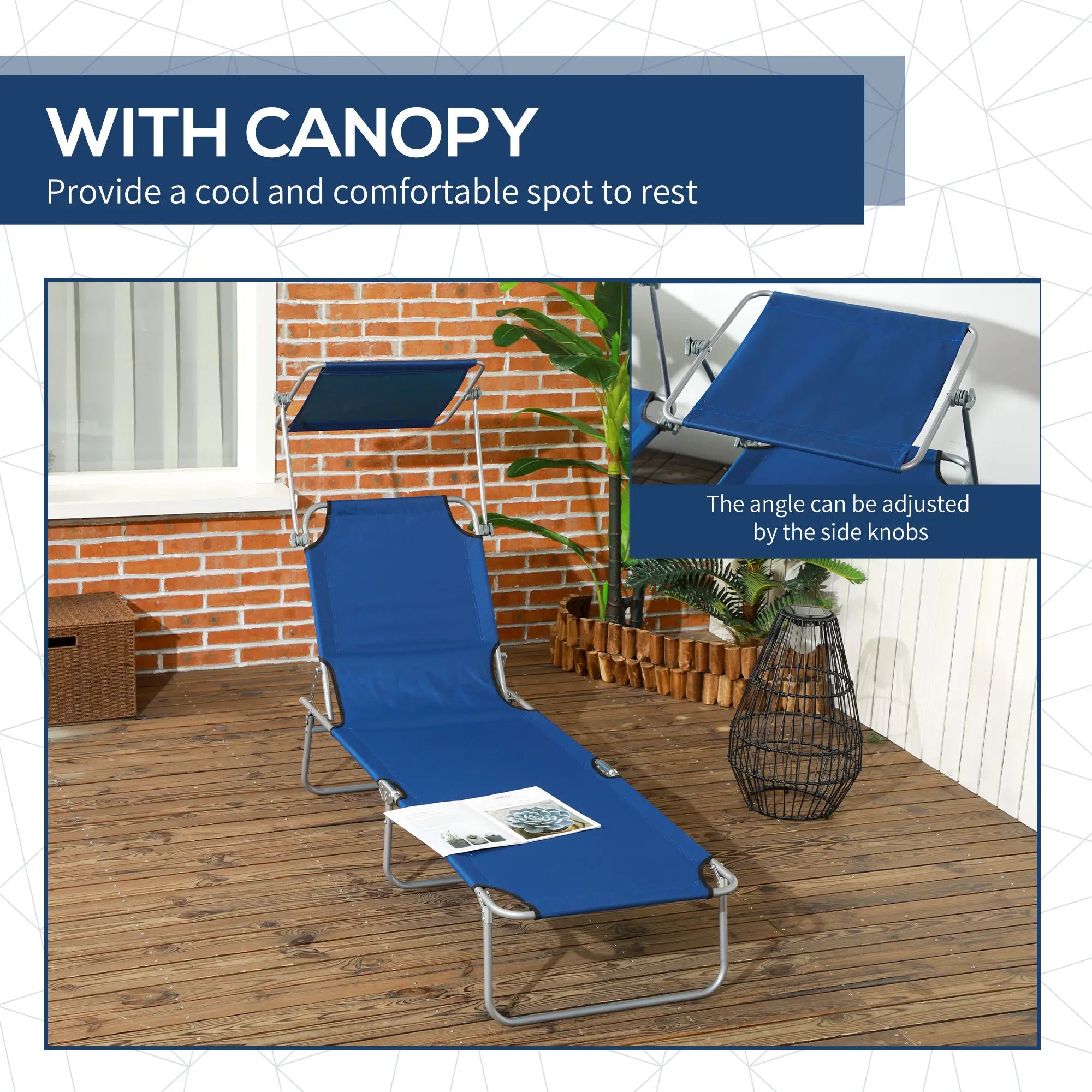 Outdoor Lounge Chair, Adjustable Folding Chaise With Sun Shade, Blue Lounger Chairs at Gallery Canada