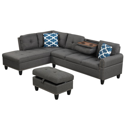98 Inches Sectional Sofa, Movable Storage Ottoman, Linen Fabric, Dark Gray Sofas & Loveseats Dark Gray at Gallery Canada