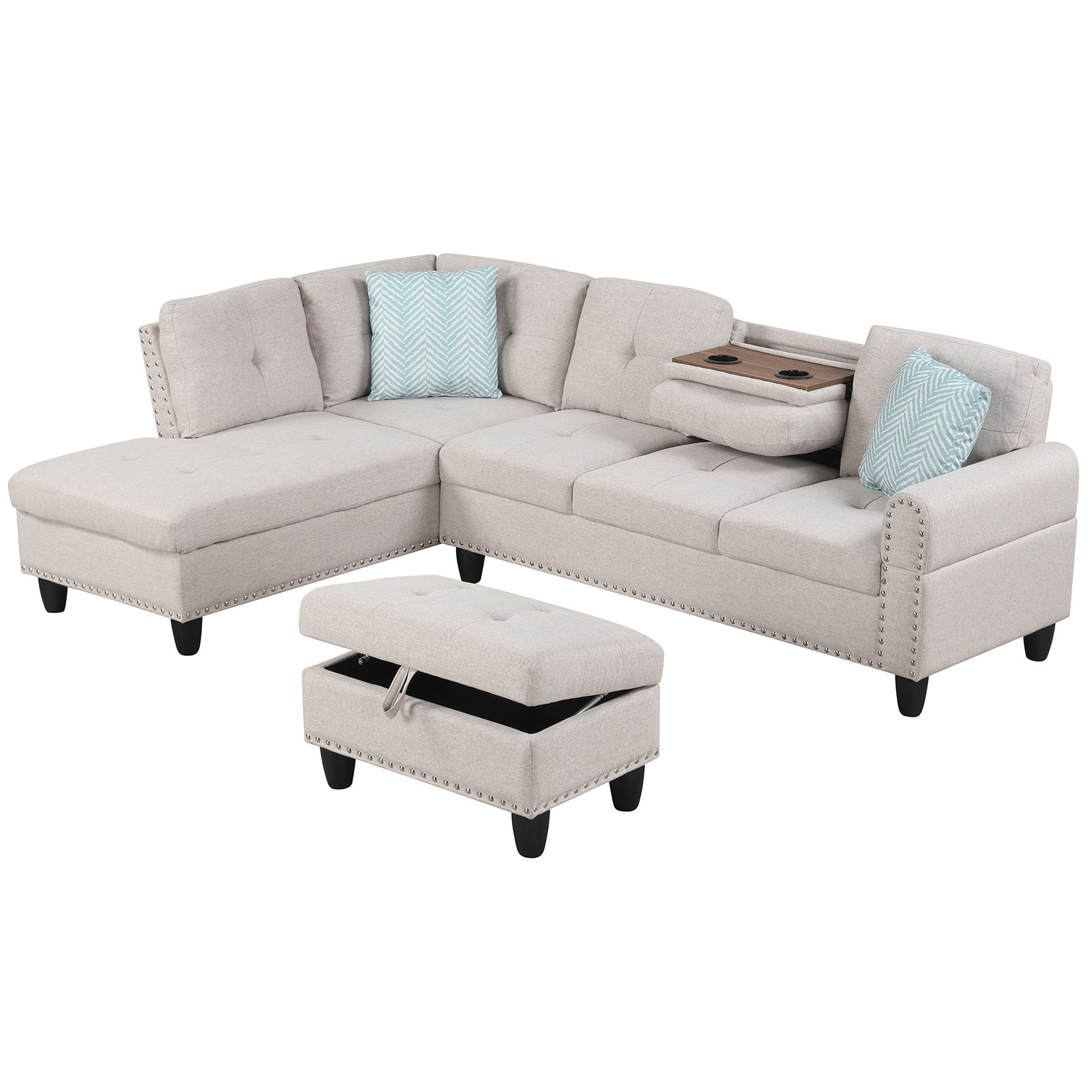 98 Inches Sectional Sofa Couch with Movable Storage Ottoman and Linen Fabric Backs-LR, Beige Sofas & Loveseats Beige at Gallery Canada