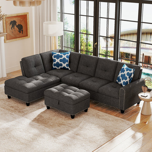 98 Inches Sectional Sofa, Movable Storage Ottoman, Linen Fabric, Dark Gray
