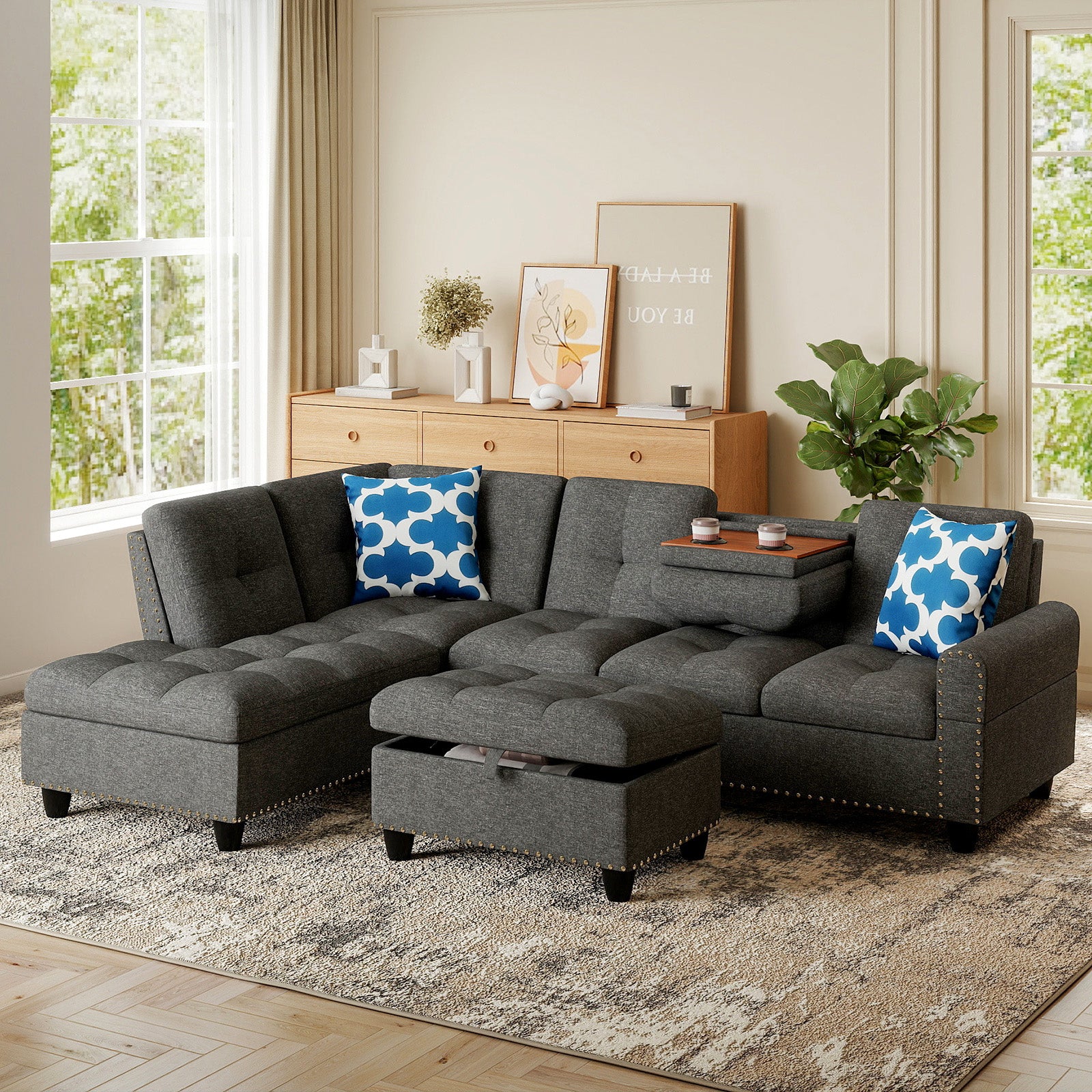98 Inches Sectional Sofa, Movable Storage Ottoman, Linen Fabric, Dark Gray Sofas & Loveseats at Gallery Canada