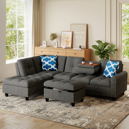 98 Inches Sectional Sofa, Movable Storage Ottoman, Linen Fabric, Dark Gray Sofas & Loveseats at Gallery Canada