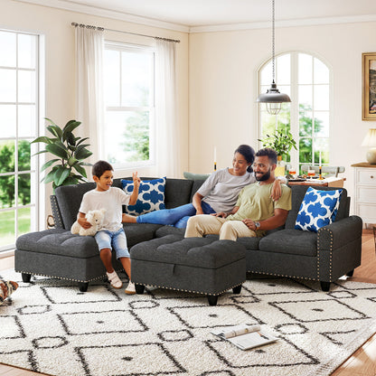 98 Inches Sectional Sofa, Movable Storage Ottoman, Linen Fabric, Dark Gray Sofas & Loveseats at Gallery Canada