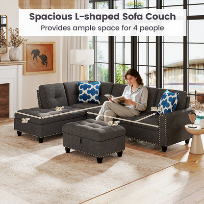 98 Inches Sectional Sofa, Movable Storage Ottoman, Linen Fabric, Dark Gray Sofas & Loveseats at Gallery Canada