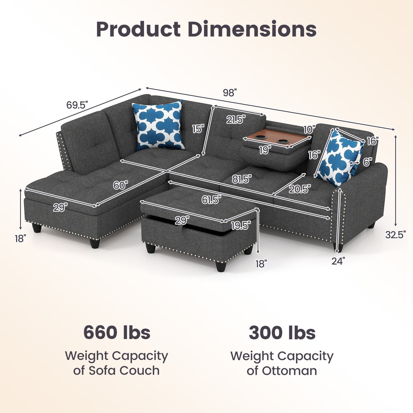 98 Inches Sectional Sofa, Movable Storage Ottoman, Linen Fabric, Dark Gray Sofas & Loveseats at Gallery Canada