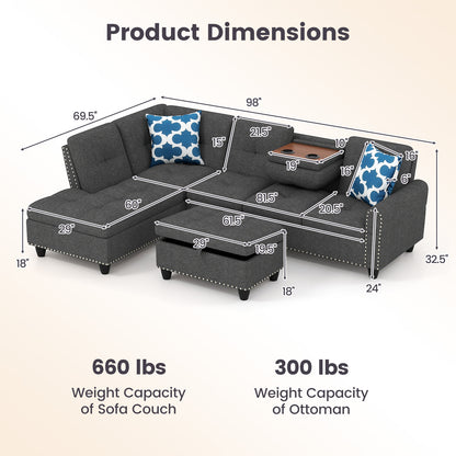 98 Inches Sectional Sofa, Movable Storage Ottoman, Linen Fabric, Dark Gray Sofas & Loveseats at Gallery Canada
