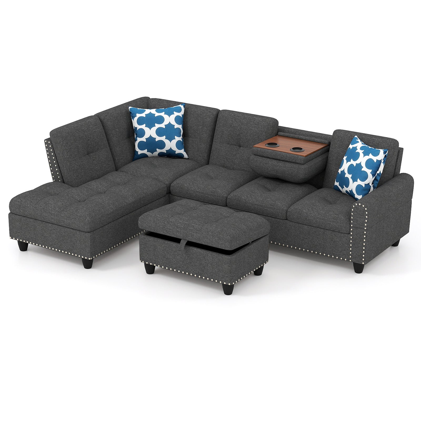 98 Inches Sectional Sofa, Movable Storage Ottoman, Linen Fabric, Dark Gray Sofas & Loveseats at Gallery Canada