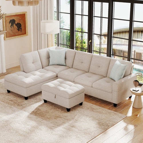 98 Inches Sectional Sofa With Storage Ottoman, Linen Fabric, Beige