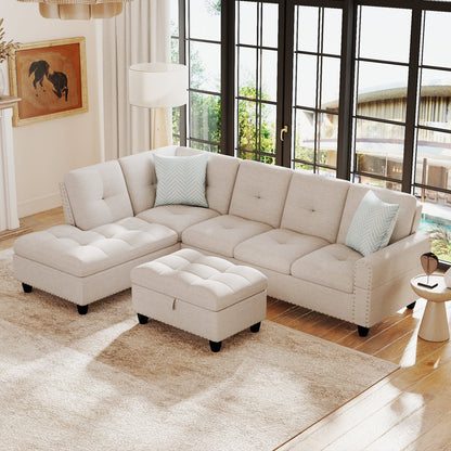 98 Inches Sectional Sofa With Storage Ottoman, Linen Fabric, Beige Sofas & Loveseats at Gallery Canada