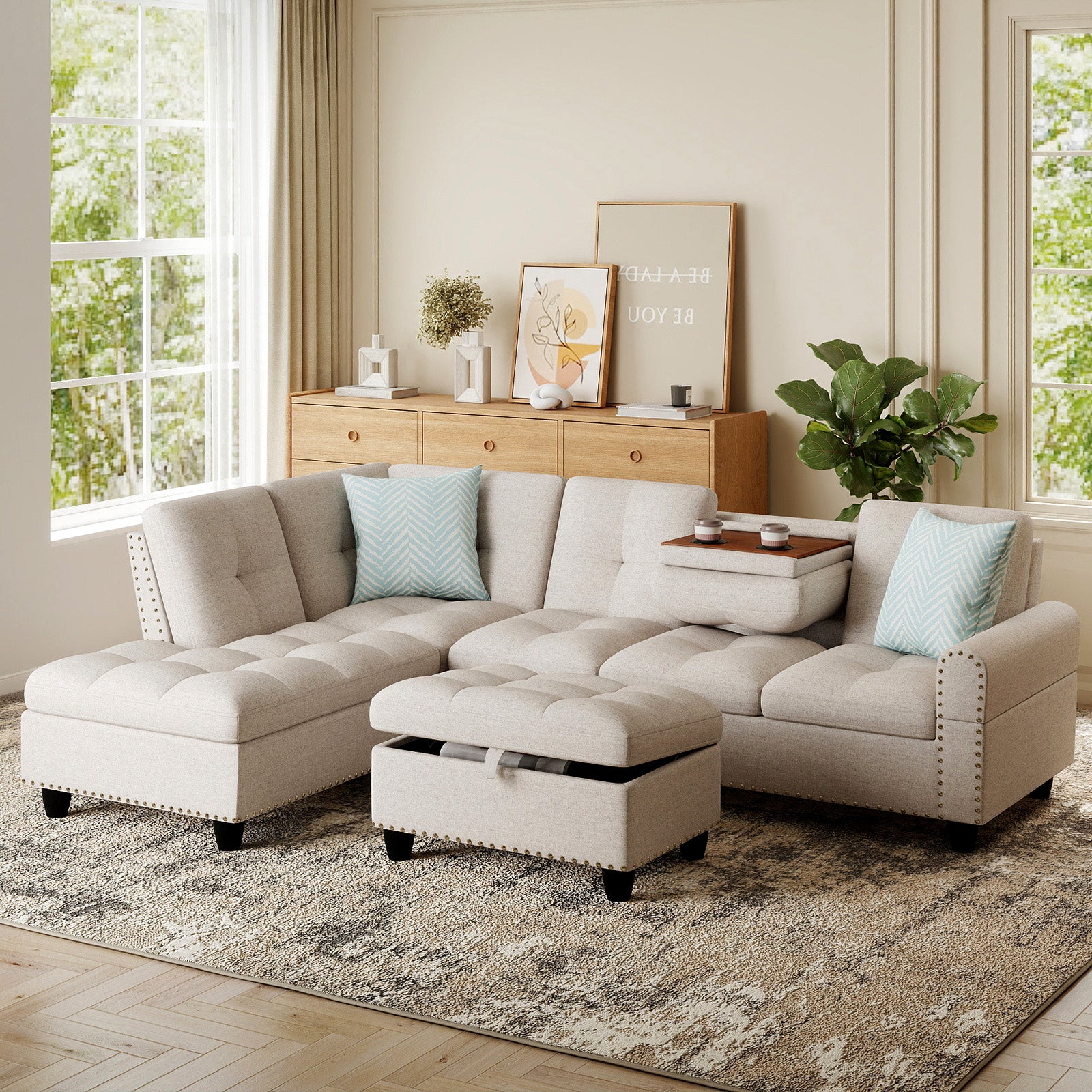 98 Inches Sectional Sofa With Storage Ottoman, Linen Fabric, Beige Sofas & Loveseats at Gallery Canada