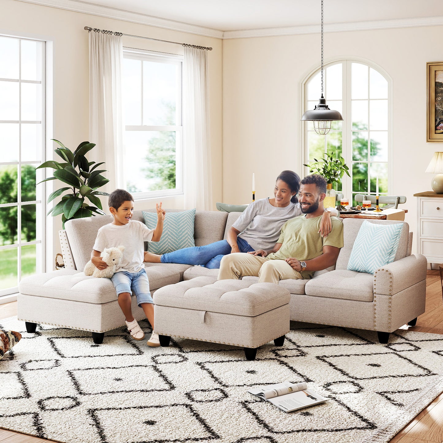 98 Inches Sectional Sofa With Storage Ottoman, Linen Fabric, Beige Sofas & Loveseats at Gallery Canada