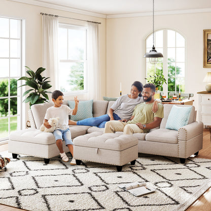 98 Inches Sectional Sofa With Storage Ottoman, Linen Fabric, Beige Sofas & Loveseats at Gallery Canada