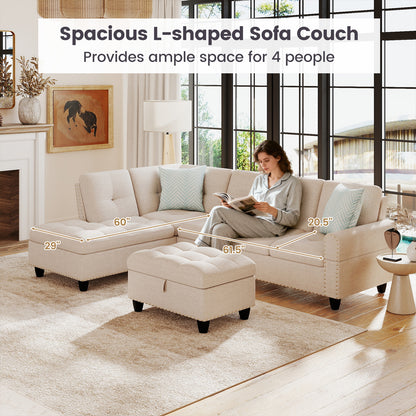 98 Inches Sectional Sofa With Storage Ottoman, Linen Fabric, Beige Sofas & Loveseats at Gallery Canada