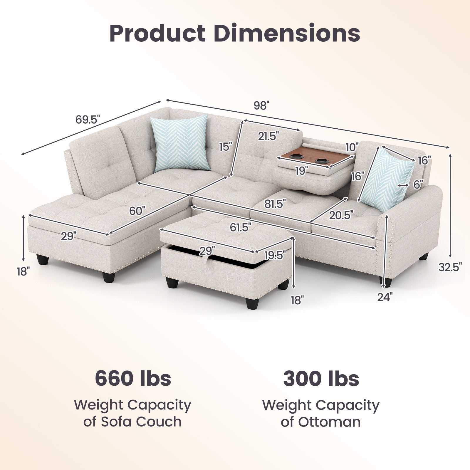 98 Inches Sectional Sofa With Storage Ottoman, Linen Fabric, Beige Sofas & Loveseats at Gallery Canada