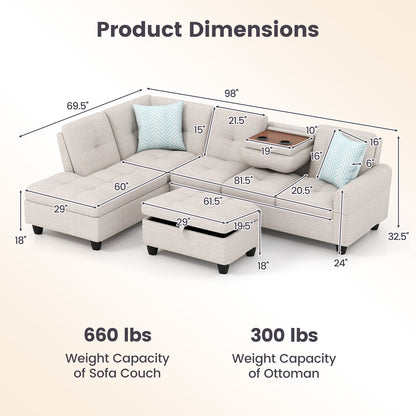 98 Inches Sectional Sofa With Storage Ottoman, Linen Fabric, Beige Sofas & Loveseats at Gallery Canada
