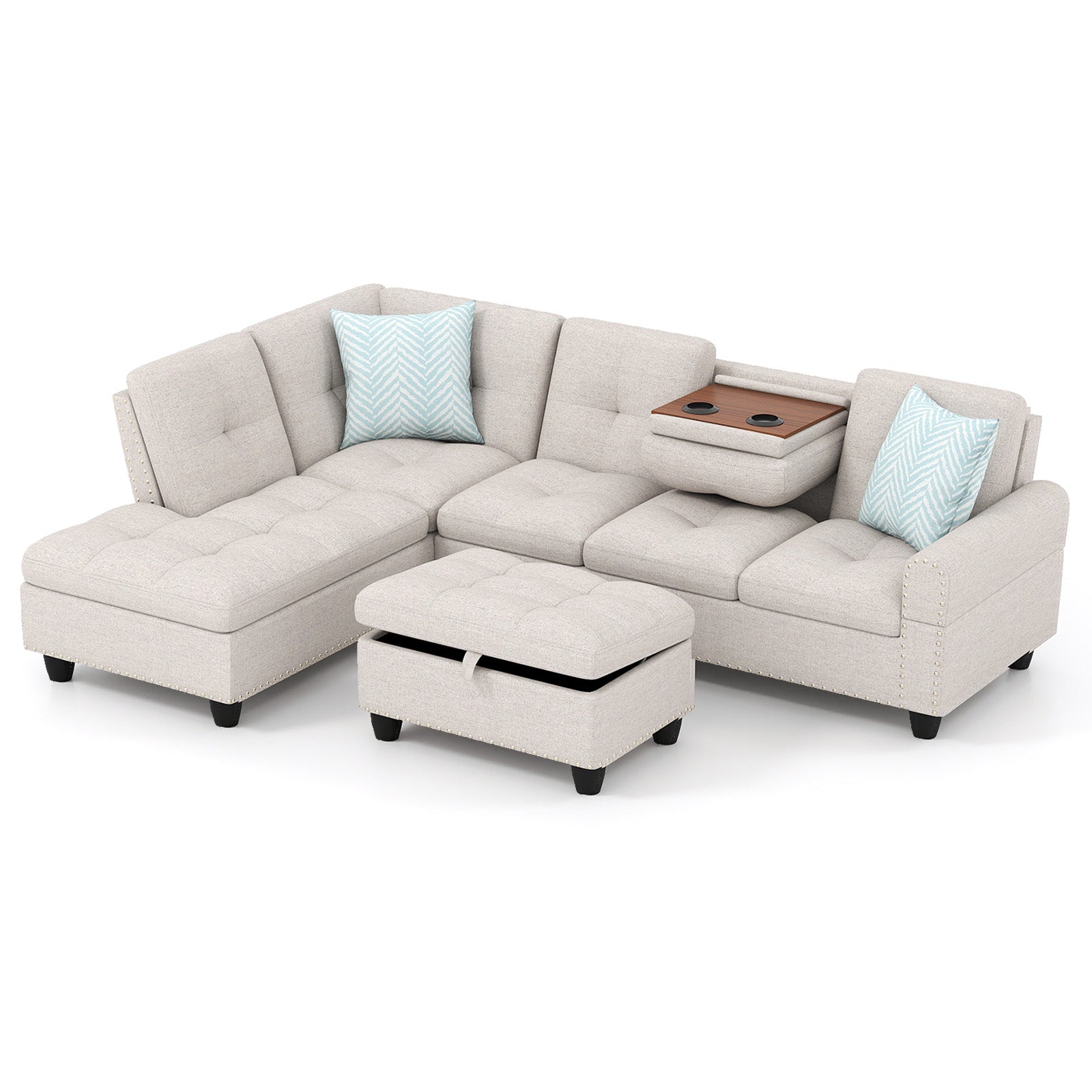98 Inches Sectional Sofa With Storage Ottoman, Linen Fabric, Beige Sofas & Loveseats at Gallery Canada