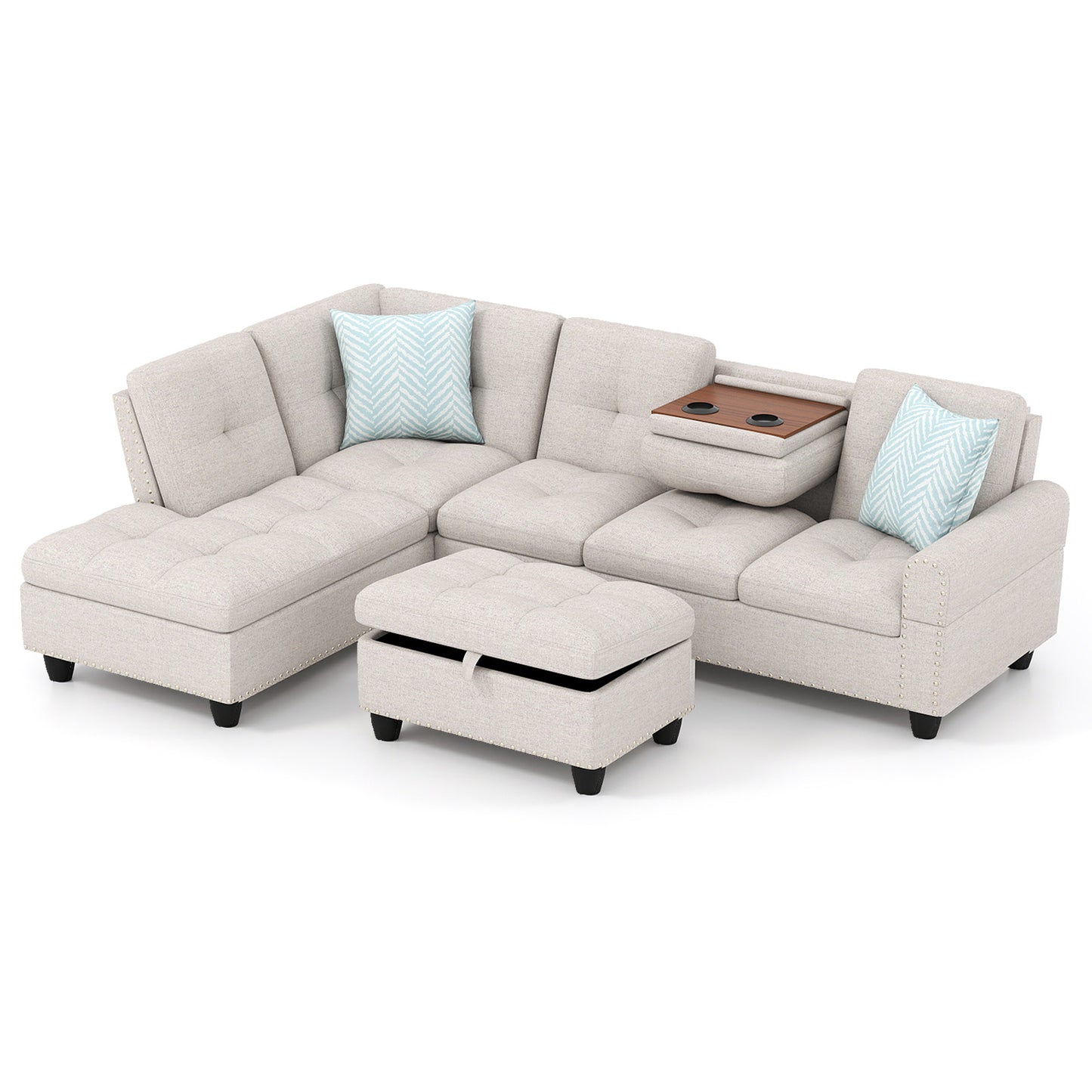 98 Inches Sectional Sofa With Storage Ottoman, Linen Fabric, Beige Sofas & Loveseats at Gallery Canada