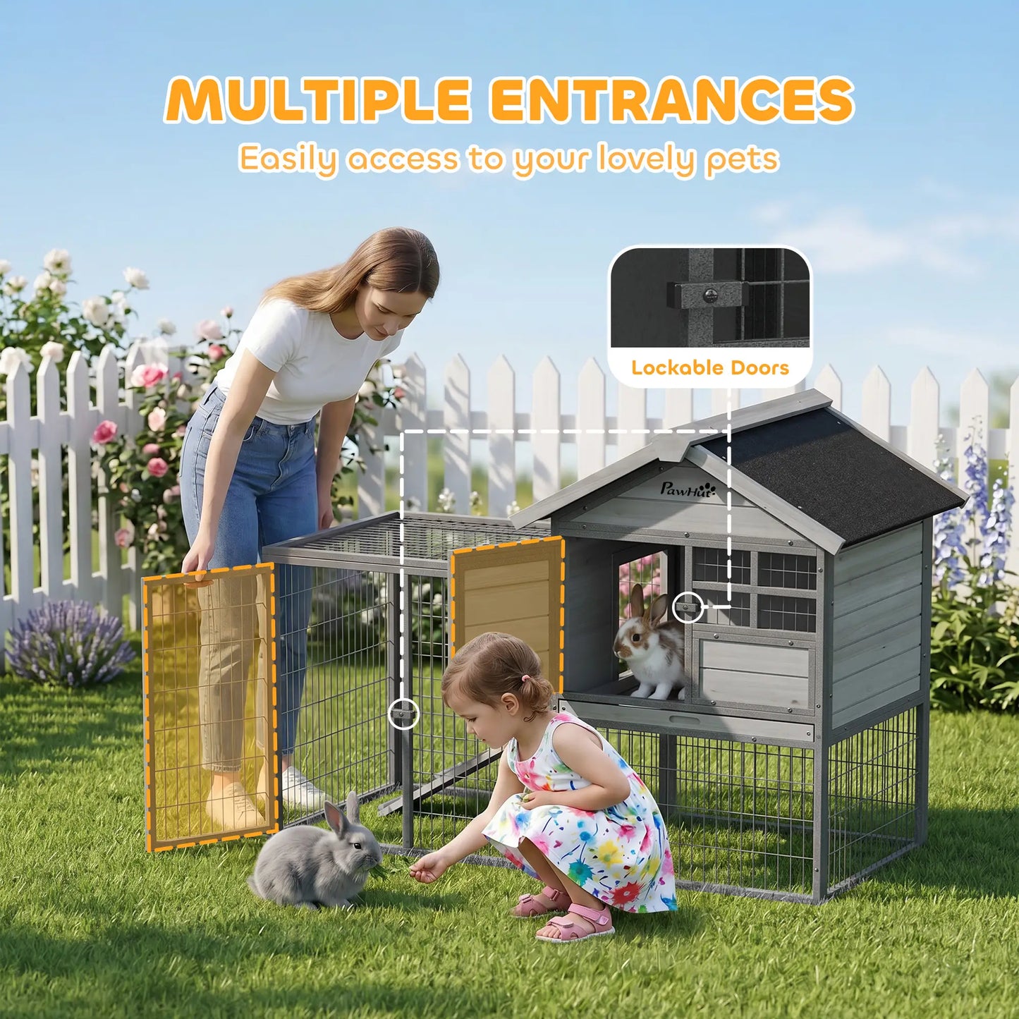 48"L Large Wooden Rabbit Hutch Outdoor, Grey