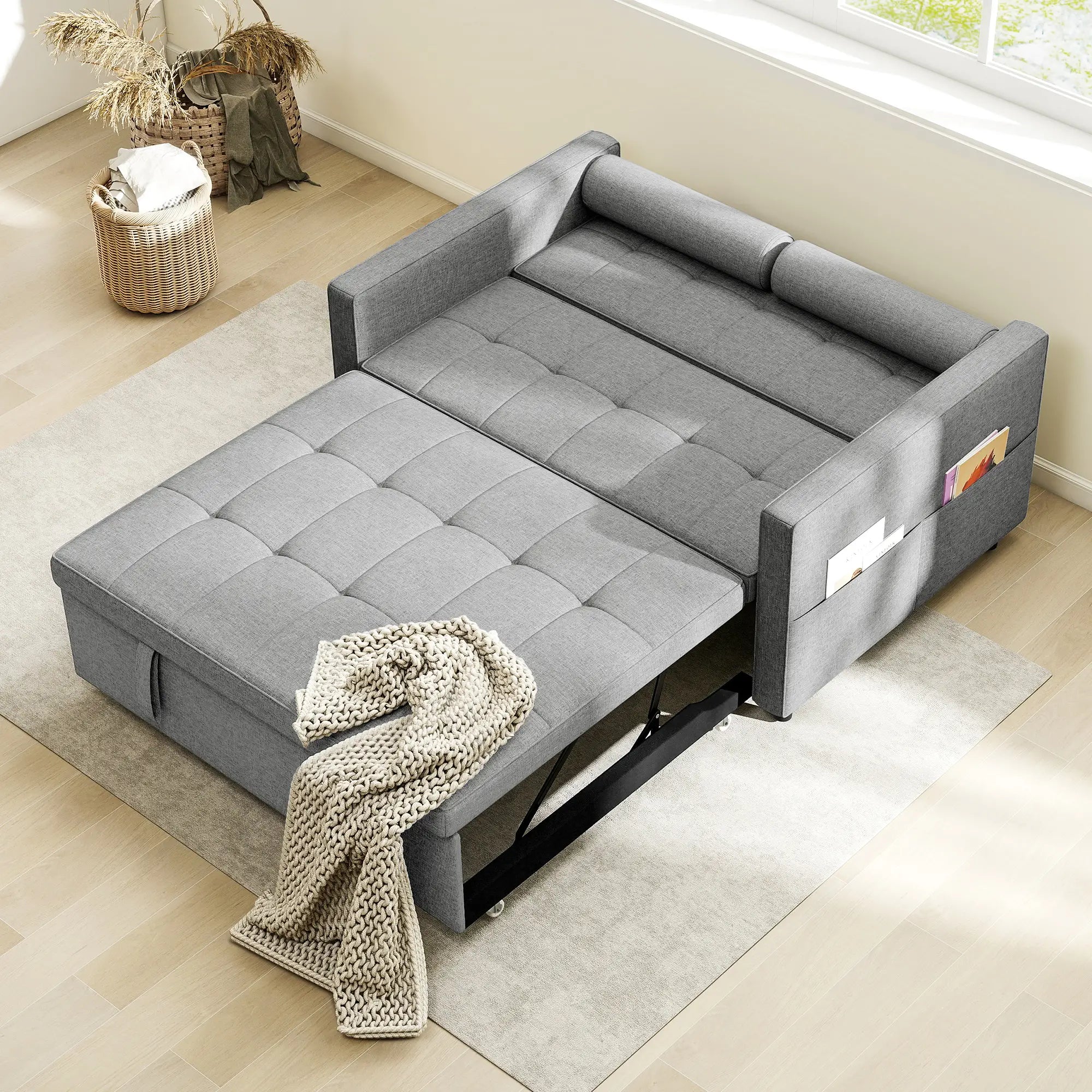 Pull Out Sofa Bed, Sleeper Couch with USB, Small Linen Loveseat, Grey 2-Seater Sofas at Gallery Canada